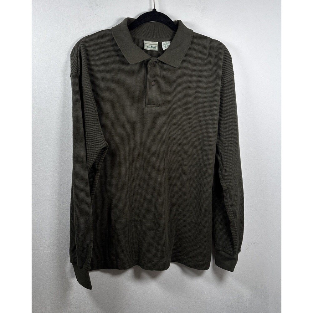L.L.Bean Men’s Medium Olive Waffle Knit Long Sleeve Polo Shirt 100% Cotton USA